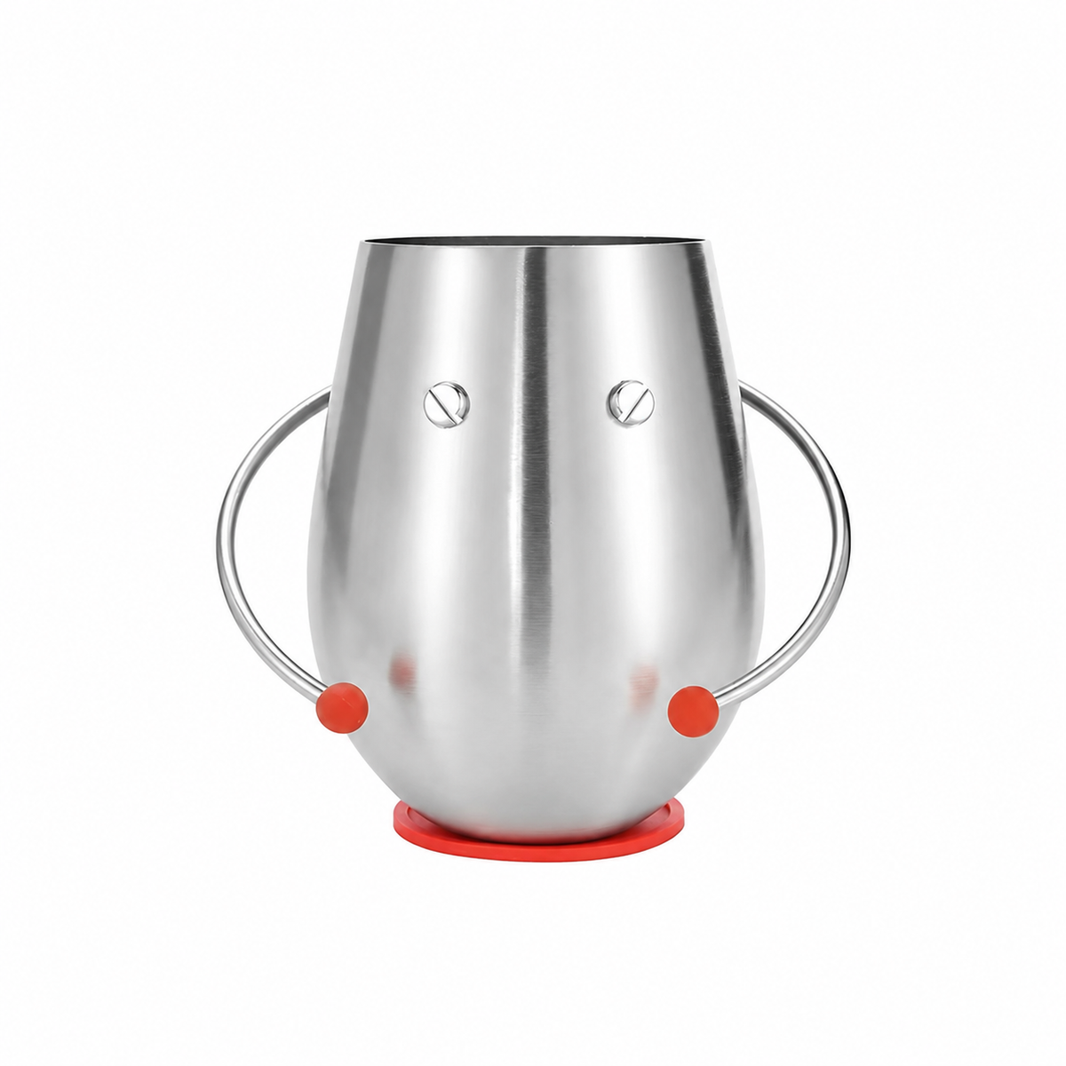 PalForm BOBO stainless steel character cup with curved handles on a white background