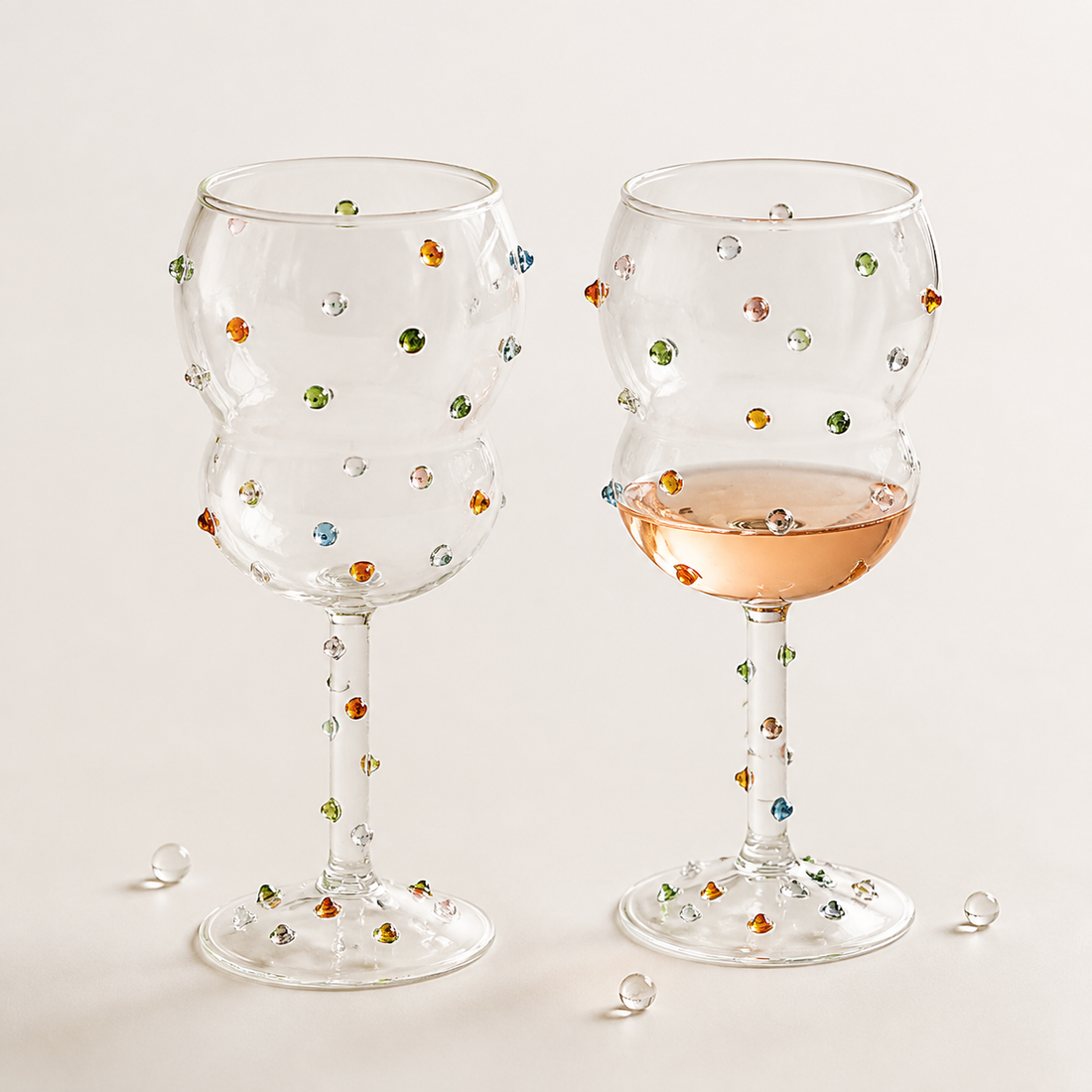 Colorful gemstone wine glasses styled as a distinctive hostess gift