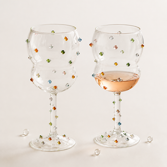 Colorful gemstone wine glasses styled as a distinctive hostess gift
