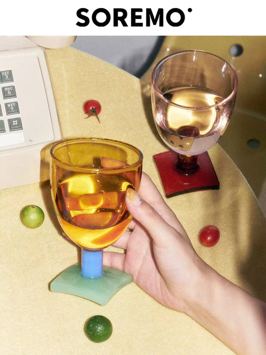 SOREMO Sugar Cube colored glass goblets in a playful table setting