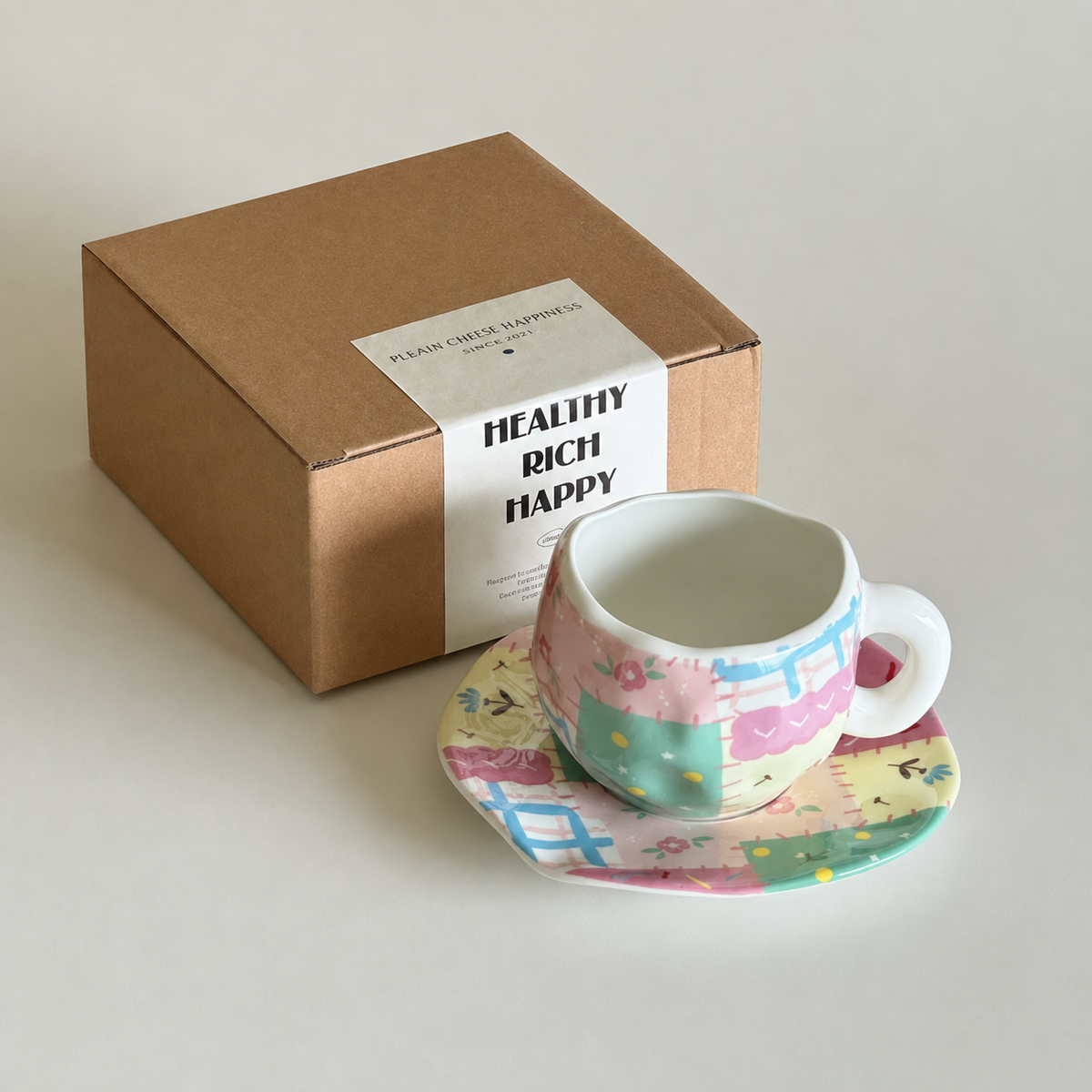 Hand-painted patchwork ceramic cup and saucer gift set — Cup & Saucer — Simple Box