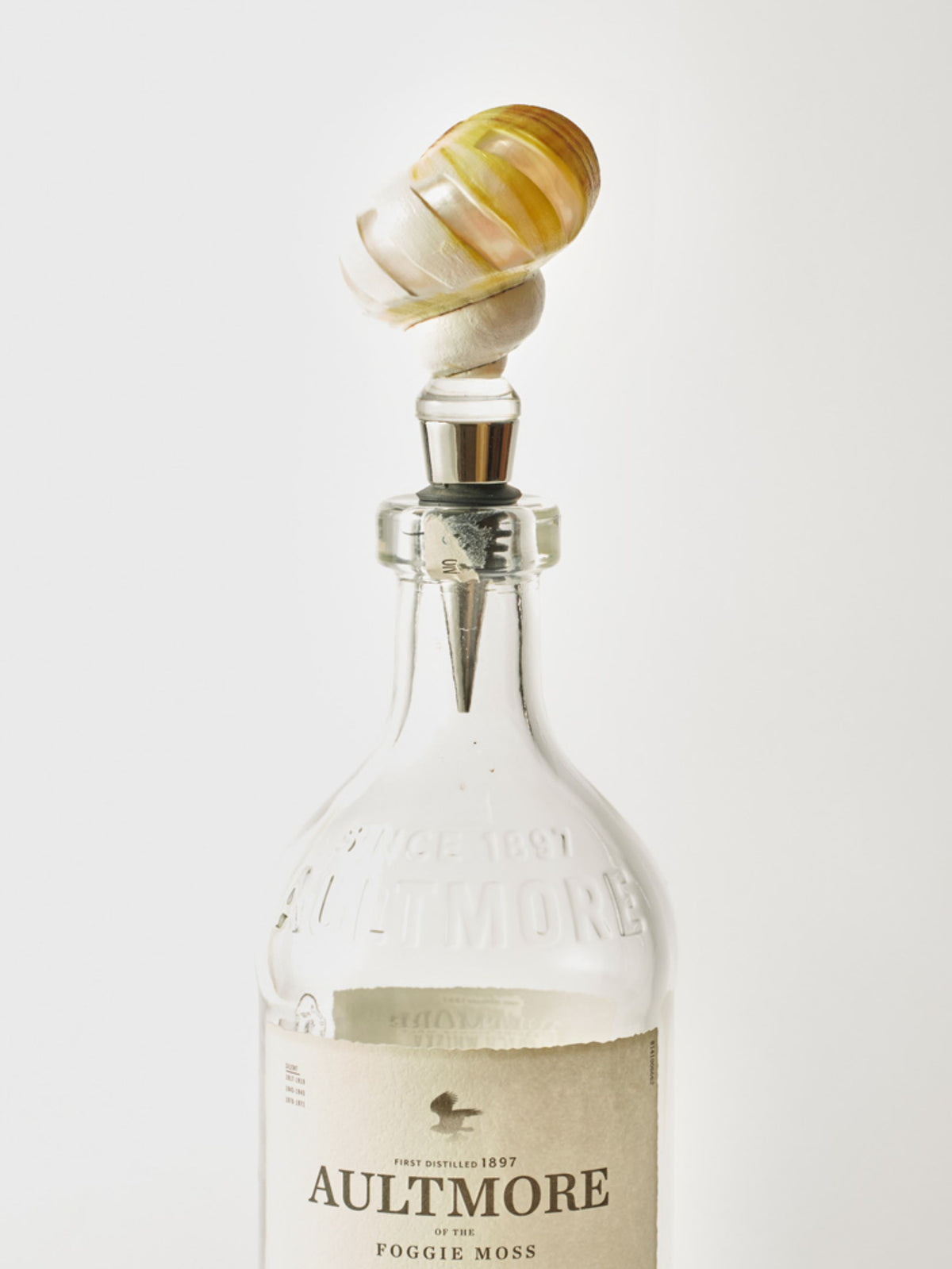 Cream ridged seashell wine stopper in a clear whisky bottle