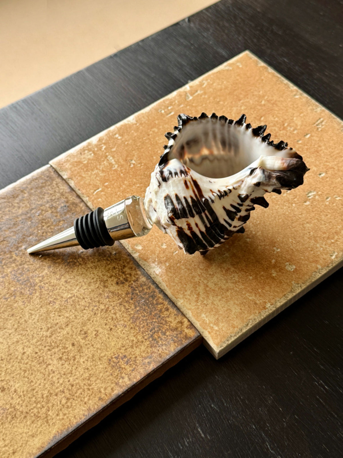 Spotted seashell wine stopper beside a dark ridged shell on a tiled surface