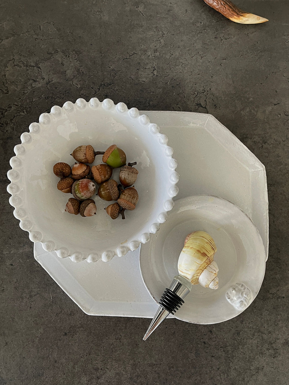 Seashell wine stopper resting on a small dish in a tabletop still life