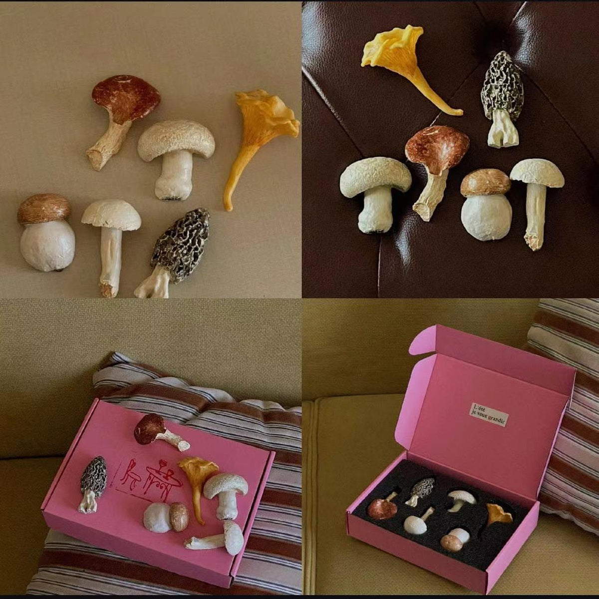 Six assorted mushroom cutlery rests grouped on a white tabletop