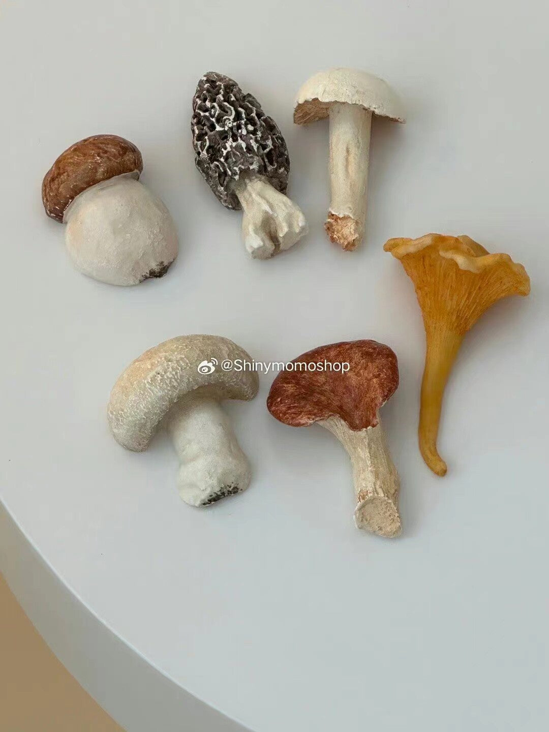 Close-up of six assorted French-style mushroom cutlery rests