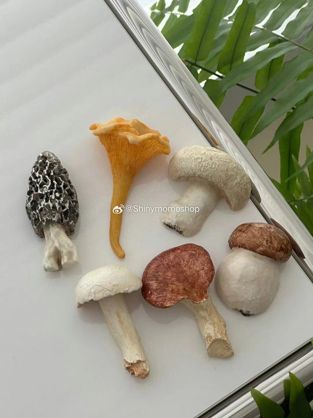 Six mushroom cutlery rests displayed beside a leafy plant
