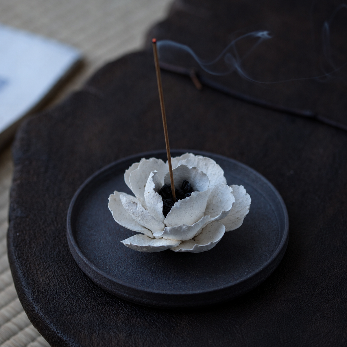 Caijitang white ceramic camellia incense holder, alternate product view 2