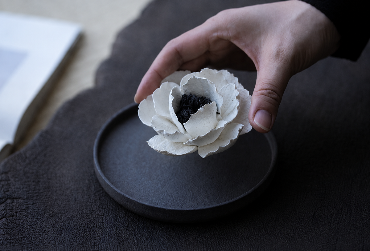 Caijitang white ceramic camellia incense holder, alternate product view 4