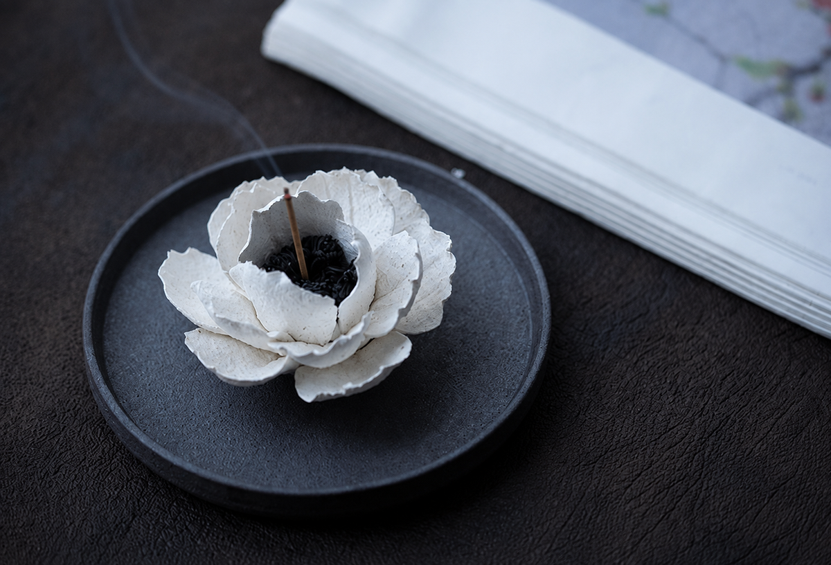 Caijitang white ceramic camellia incense holder, alternate product view 15