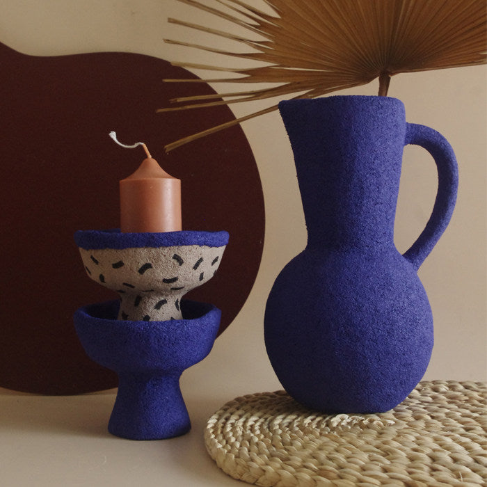 Cream Academy Hand-Painted Stoneware Pedestal Candle Holder