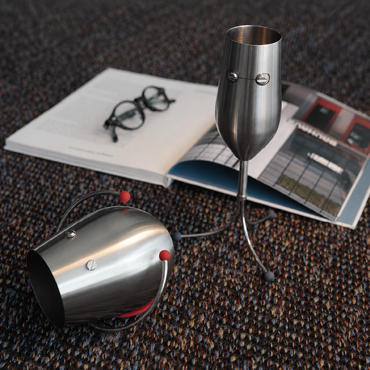 PalForm stainless steel character wine glasses styled with an open book
