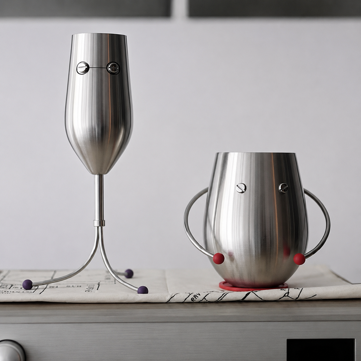 Sculptural legs and polished steel detail on a PalForm wine glass
