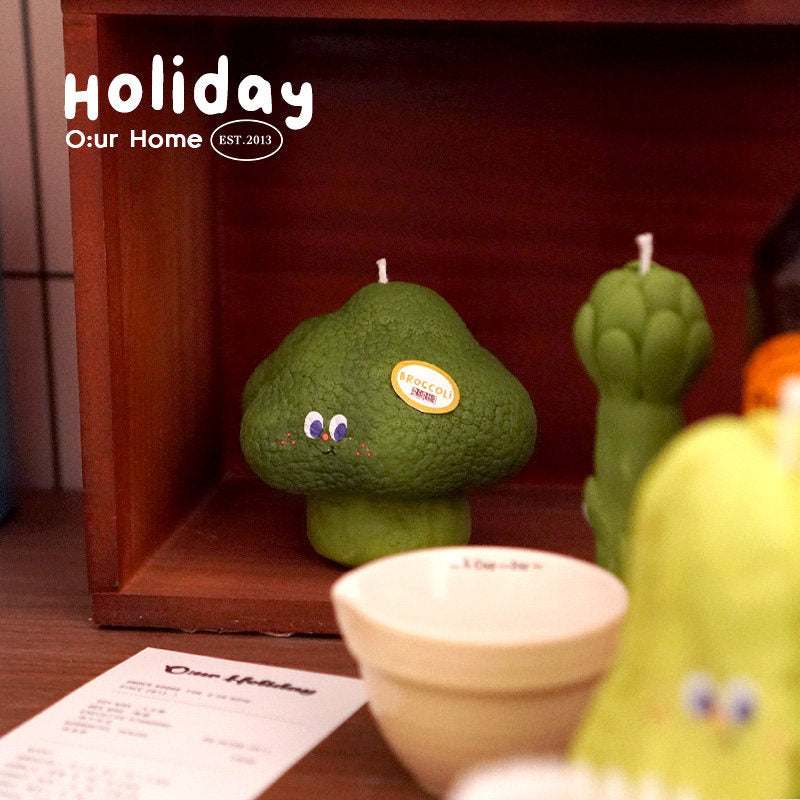 Close-up detail of the broccoli-shaped candle