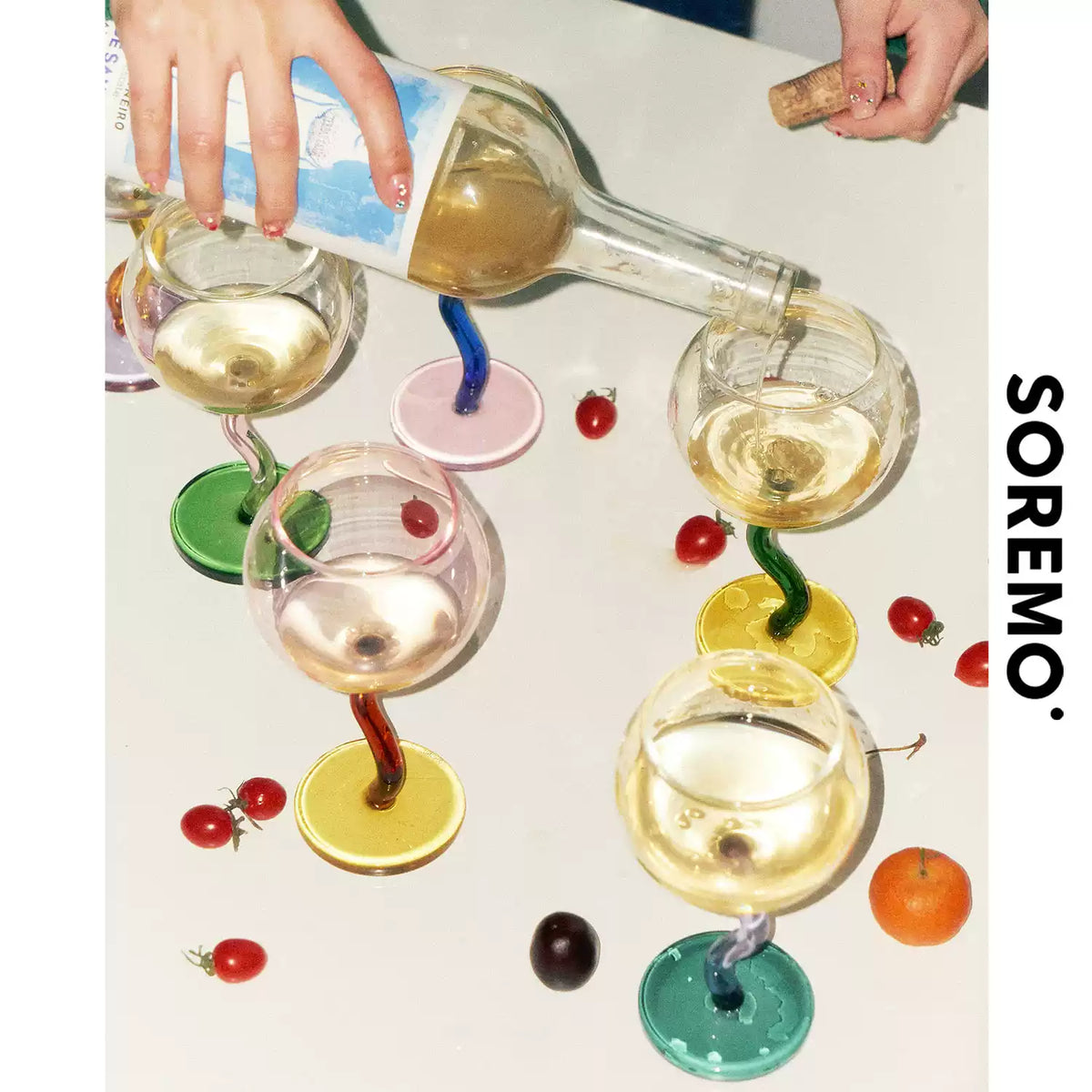 SOREMO Bubble goblet color variants in use at a table