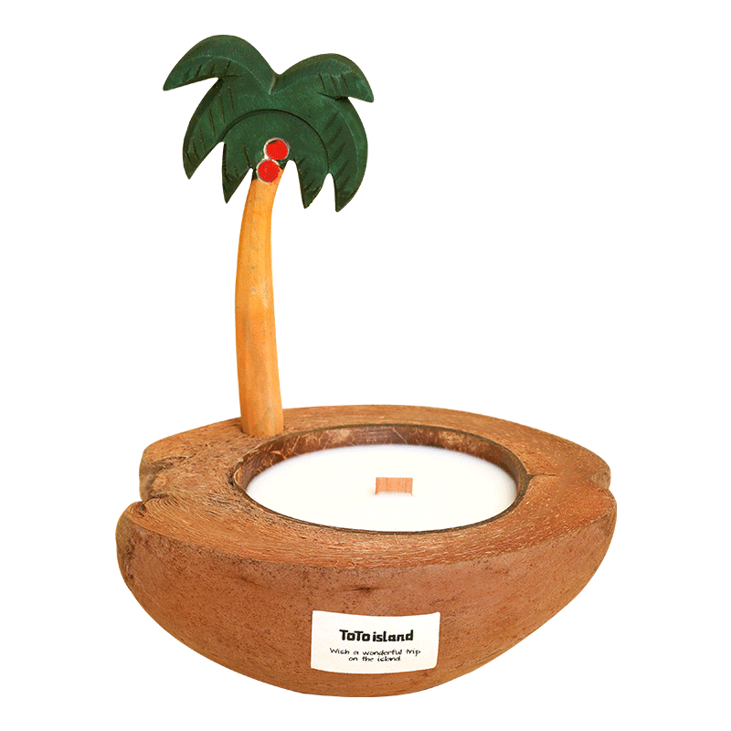 Coconut shell candle bowl with tall palm tree detail
