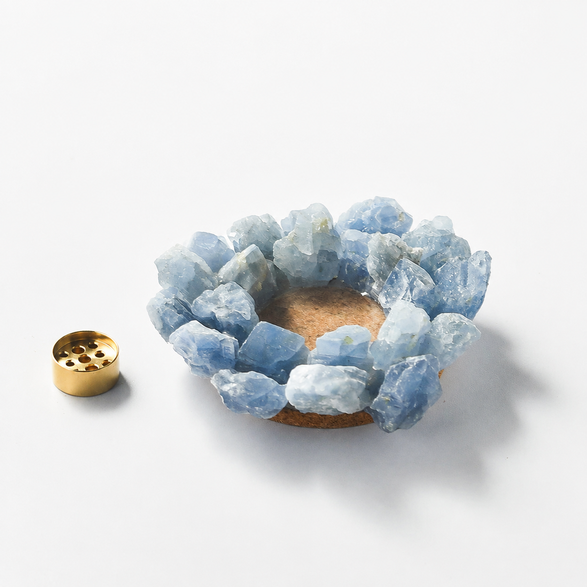 Blue natural crystal incense holder with brass insert