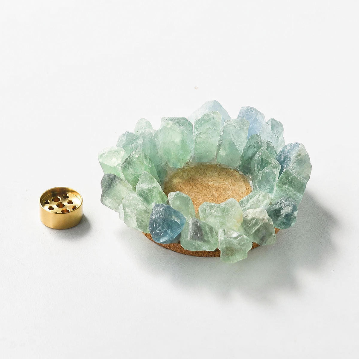 Green natural crystal incense holder with brass insert