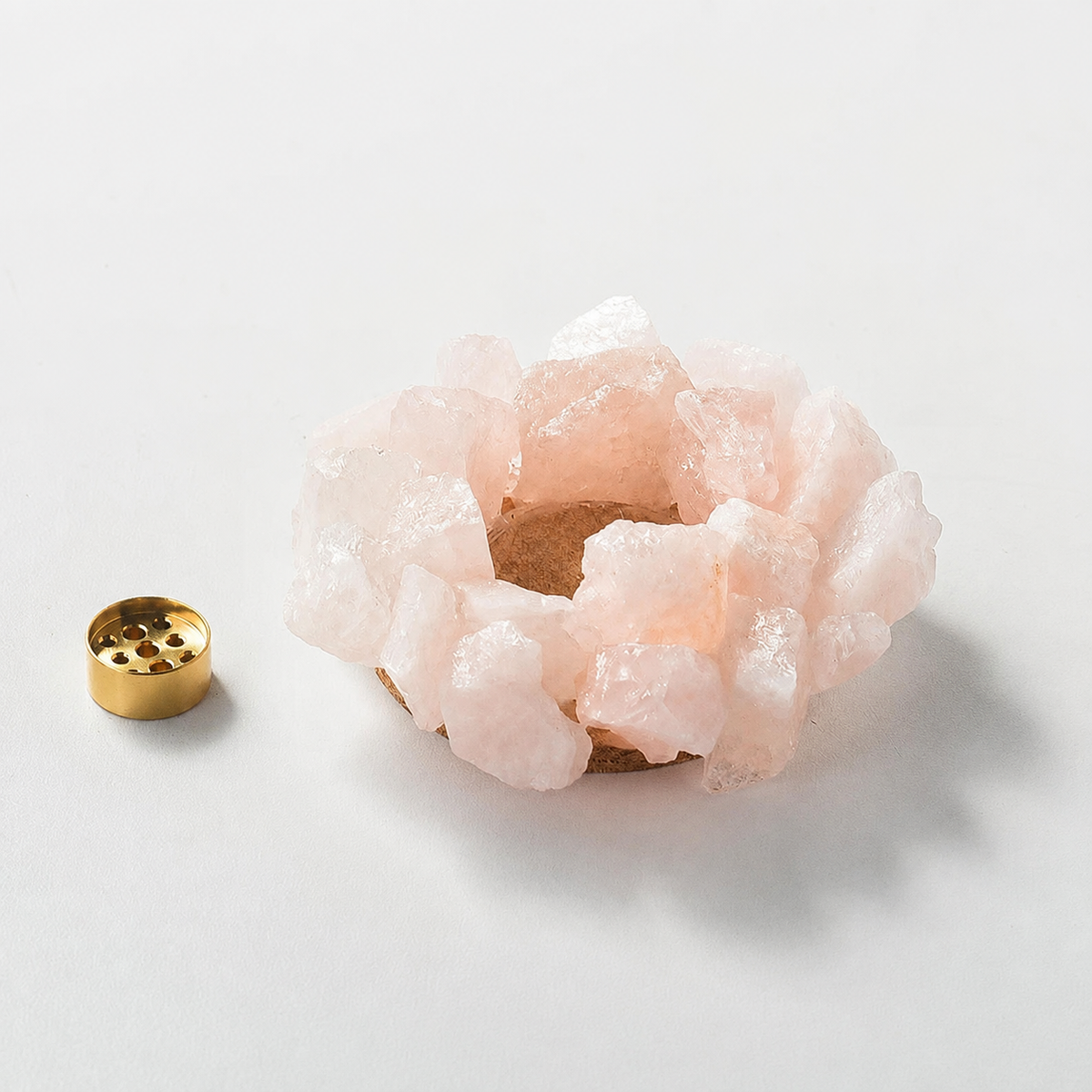 Pink natural crystal incense holder with brass insert