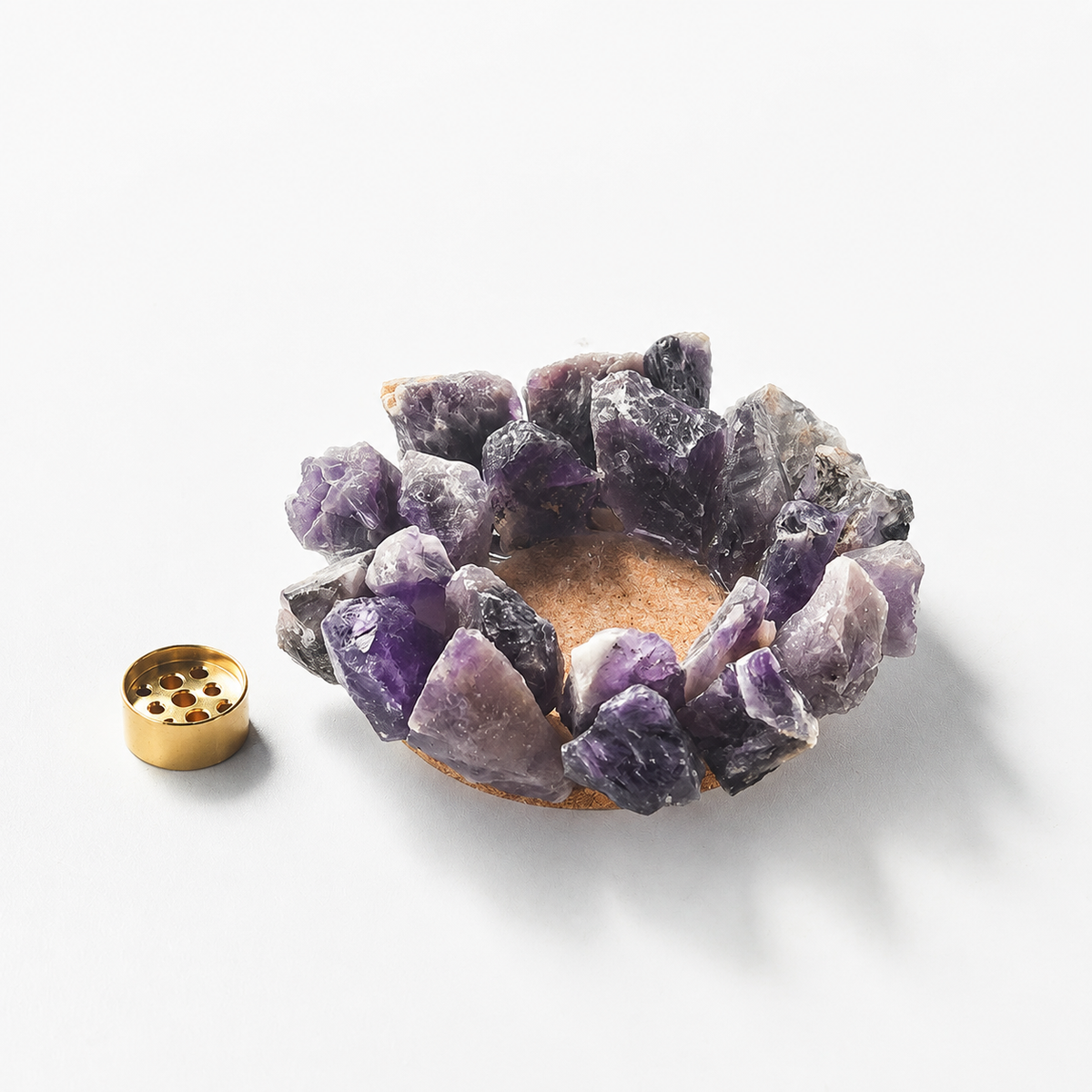 Purple natural crystal incense holder with brass insert