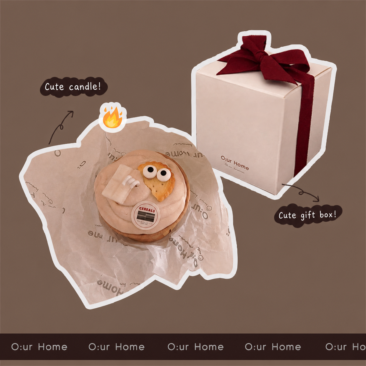 Round O:urHome cookie candle beside a ribboned gift box