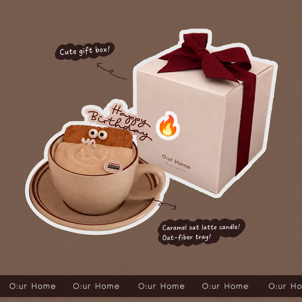 Caramel Oat cup candle shown with its ribboned gift box and included pieces