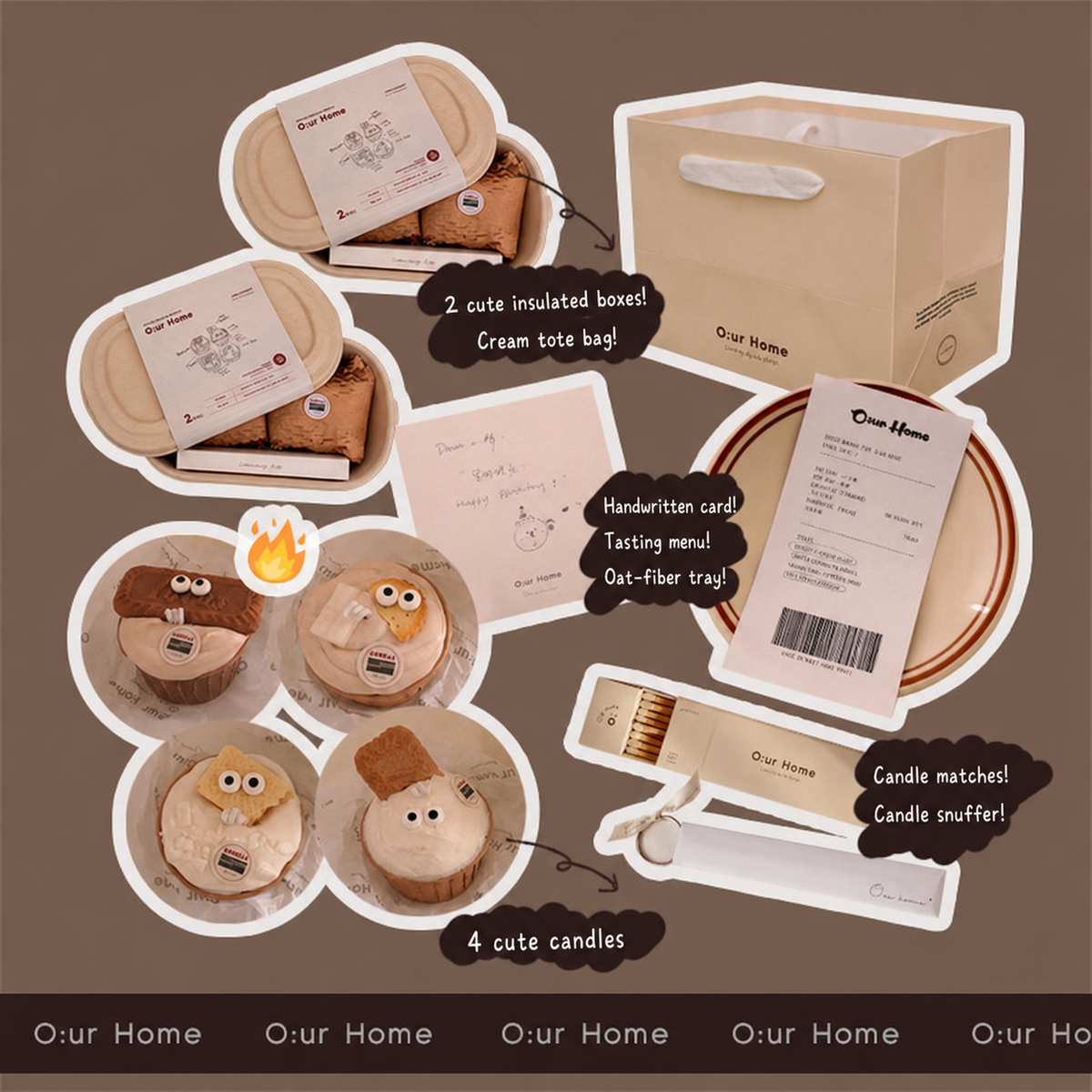 Four O:urHome cookie candle styles with gift box, cards, matches and snuffer