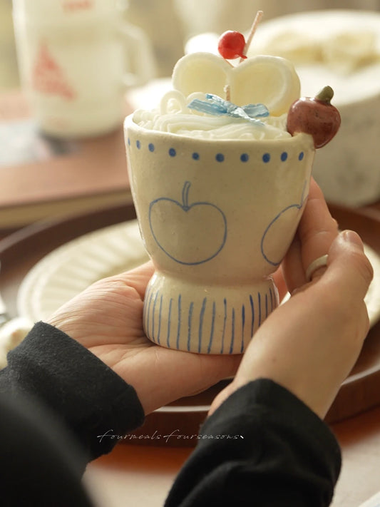 Hand-painted blue-rim apple cup candle in a light gift box