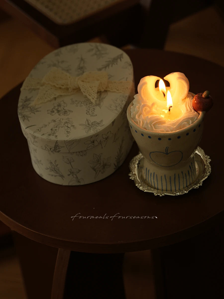 Red apple sculptural candle with silver tray and hand-painted gift box