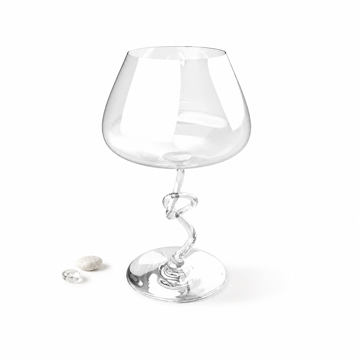 on a manner clear large knot-stem wine glass on a white background