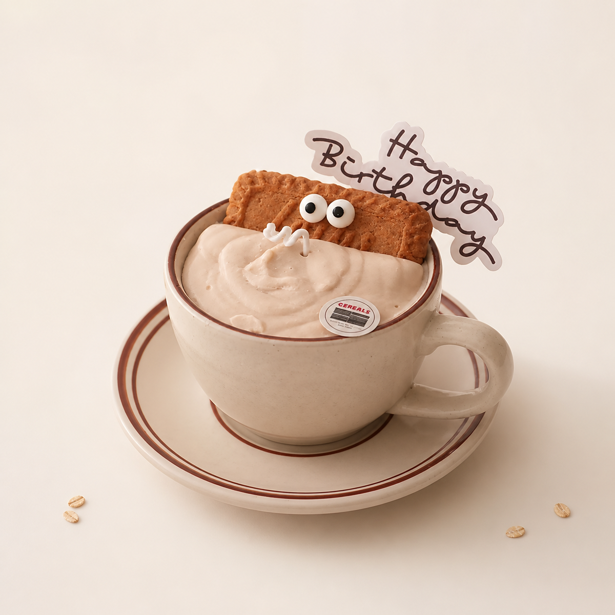 Caramel oat cup-and-saucer candle on a warm white background