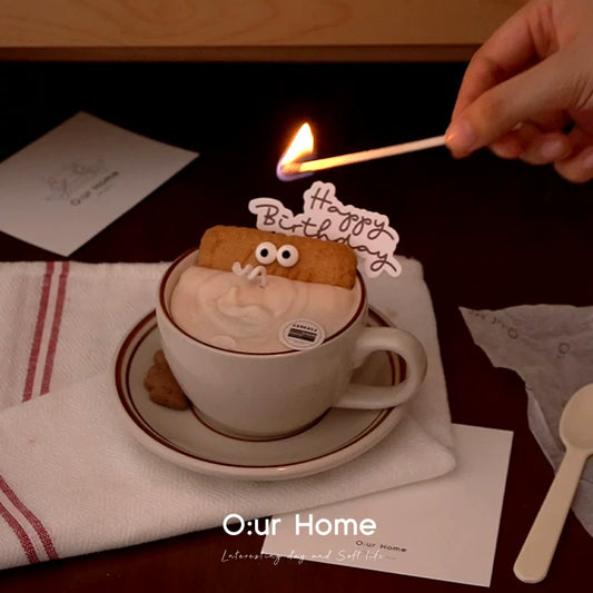 Caramel oat sculptural candle in a warm home setting
