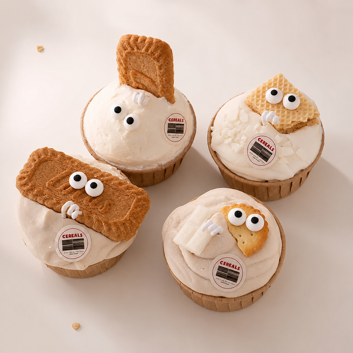 Four playful cookie candles on a warm white background