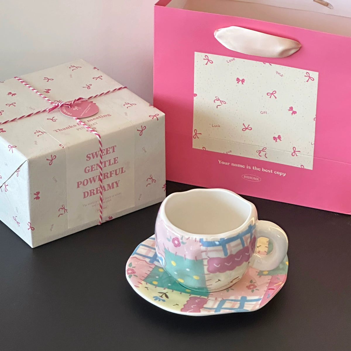 Irregular patchwork ceramic cup and saucer with gift packaging