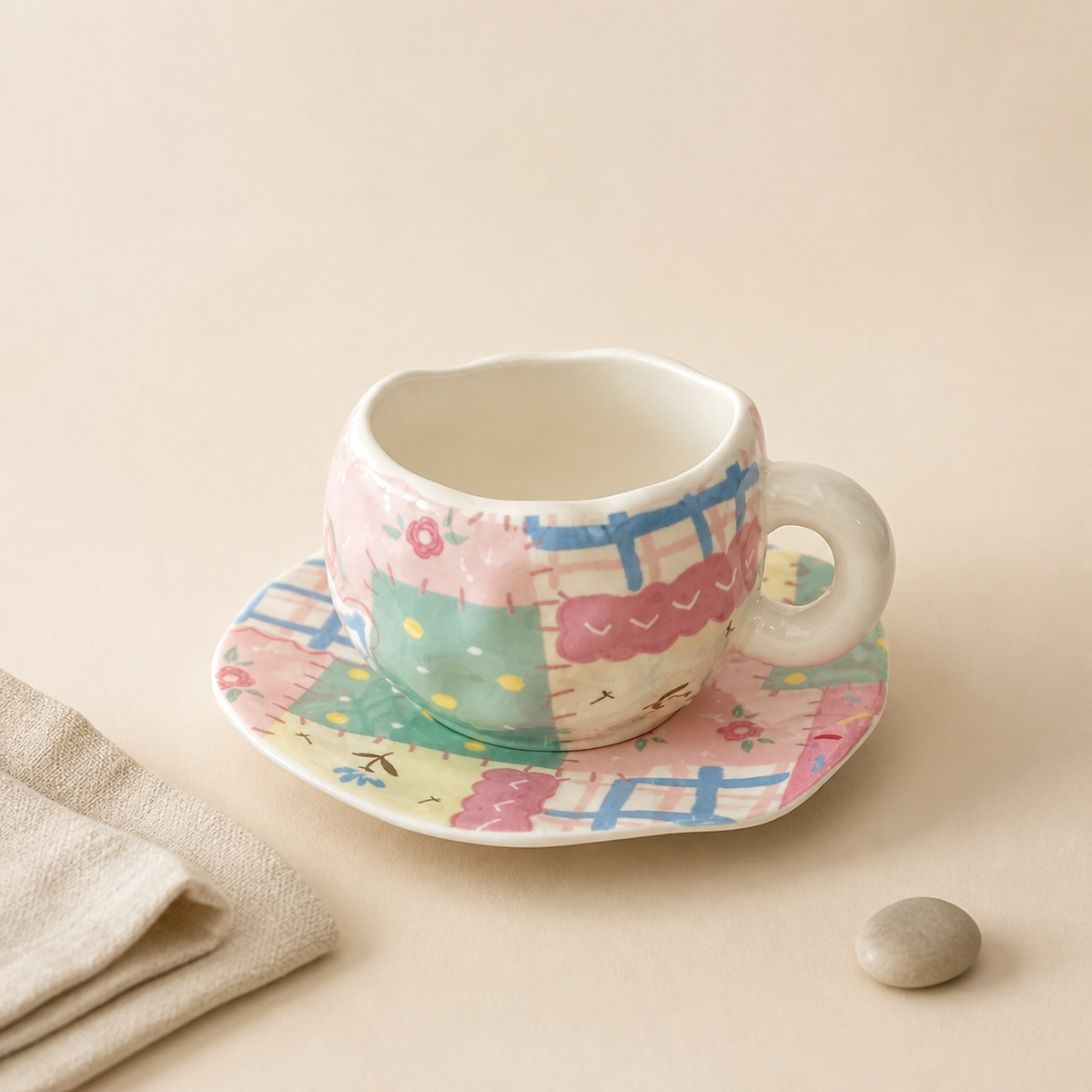 Irregular patchwork ceramic cup and saucer on a warm ivory background