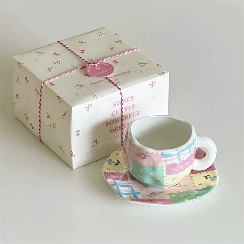 Patchwork Ceramic Cup & Saucer — Cup & Saucer + Spoon — Pink Bow Box (Previous Style)