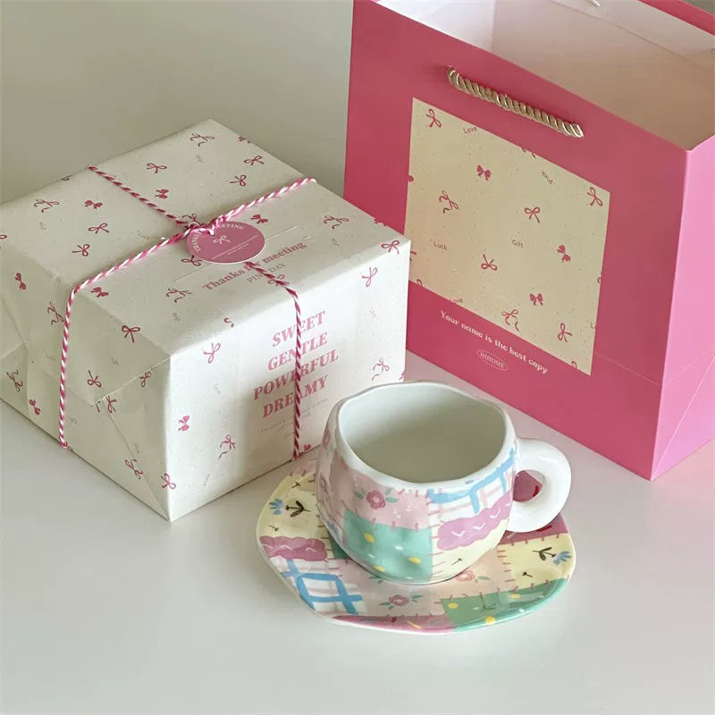 Patchwork Ceramic Cup & Saucer — Cup & Saucer + Spoon + Gift Bag — Pink Bow Box (Previous Style)