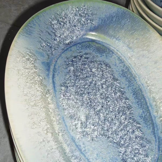 Close detail of PiGoo Brunch Plate crystalline kiln glaze