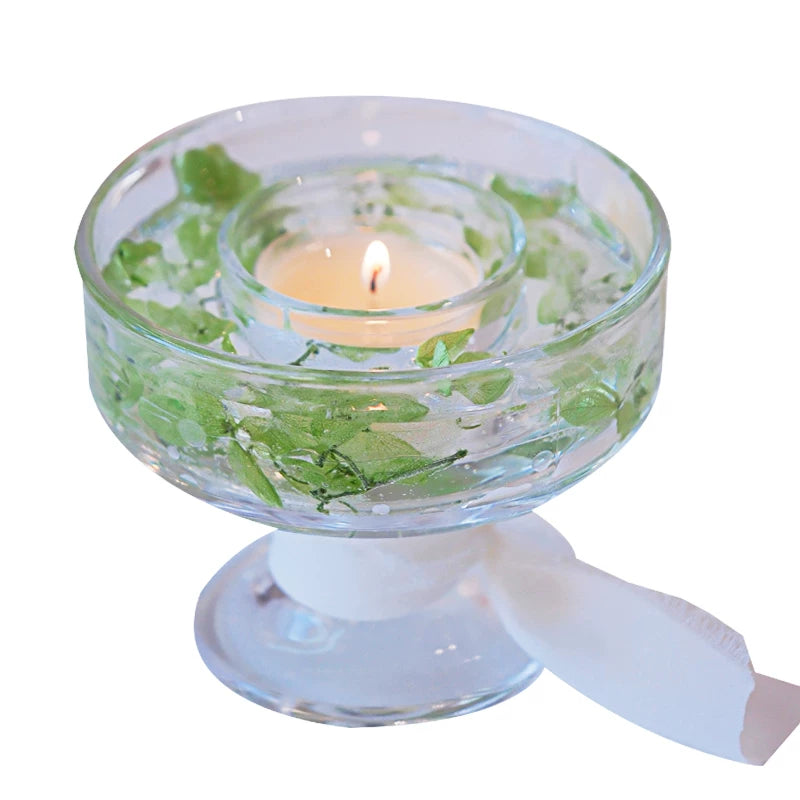 Glass botanical tealight holder with green dried flowers