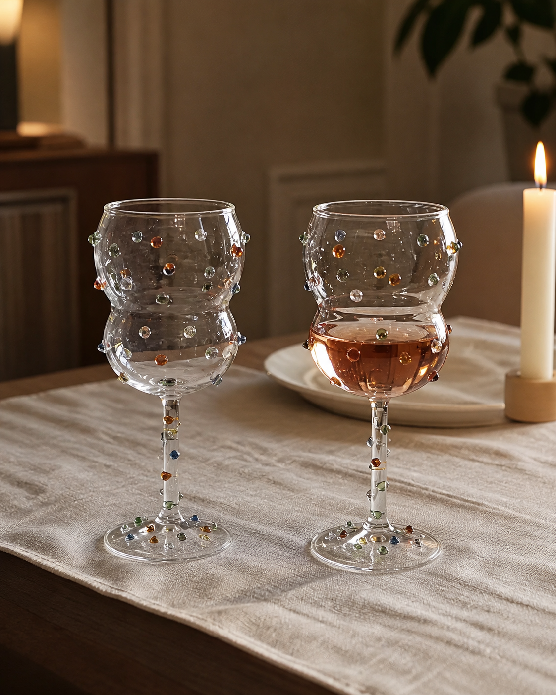Colorful gemstone wine glasses on a refined dinner table