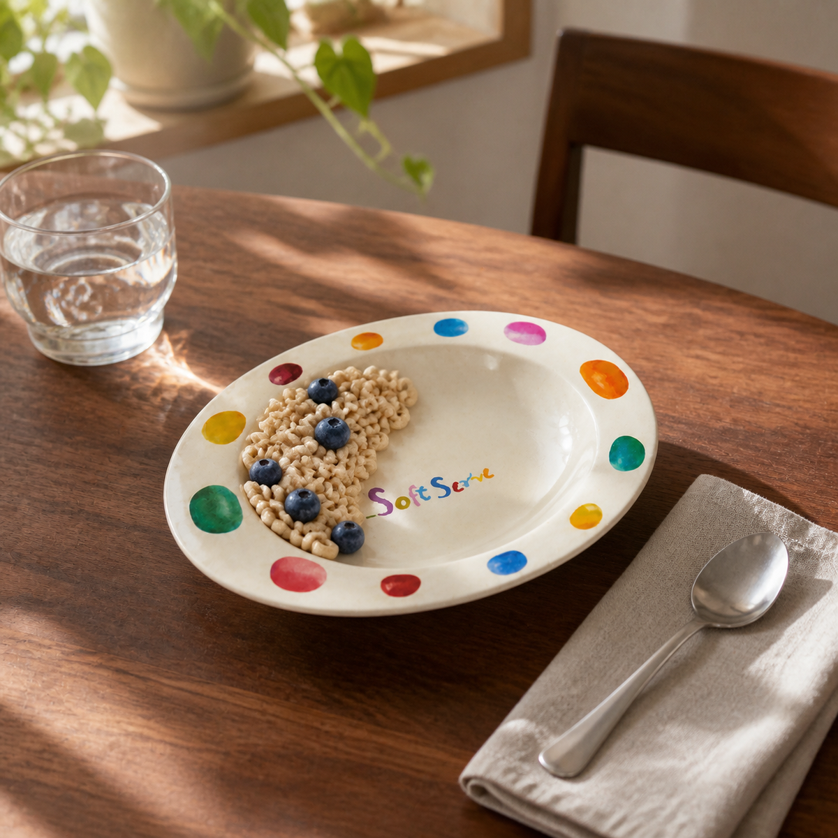 Colorful candy bean bowl in a bright breakfast setting