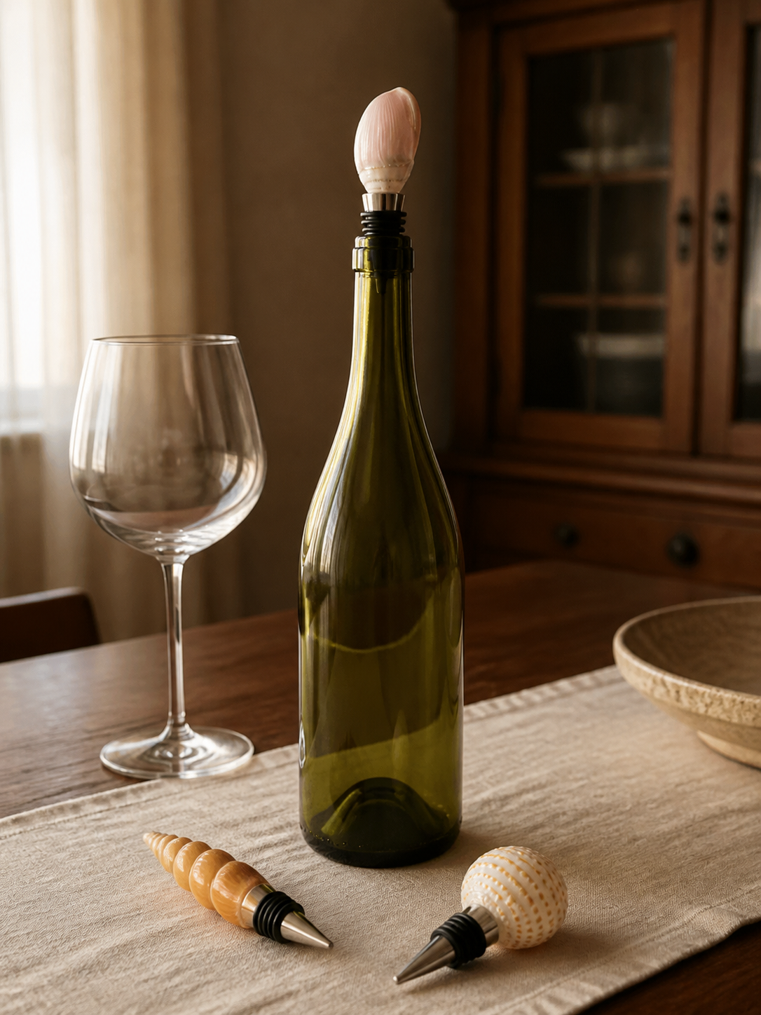 Natural seashell wine stoppers styled on a warm dining table