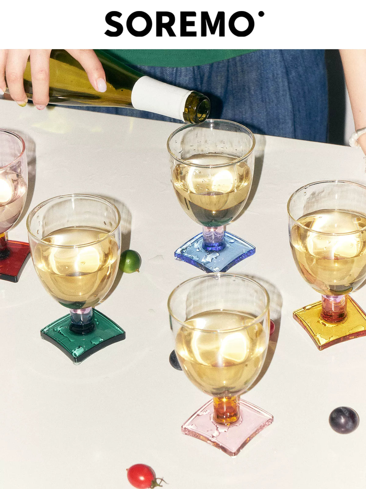 SOREMO Sugar Cube colored glass goblets arranged for entertaining