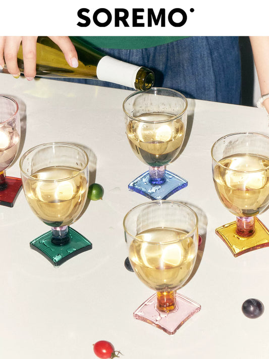 SOREMO Sugar Cube colored glass goblets arranged for entertaining