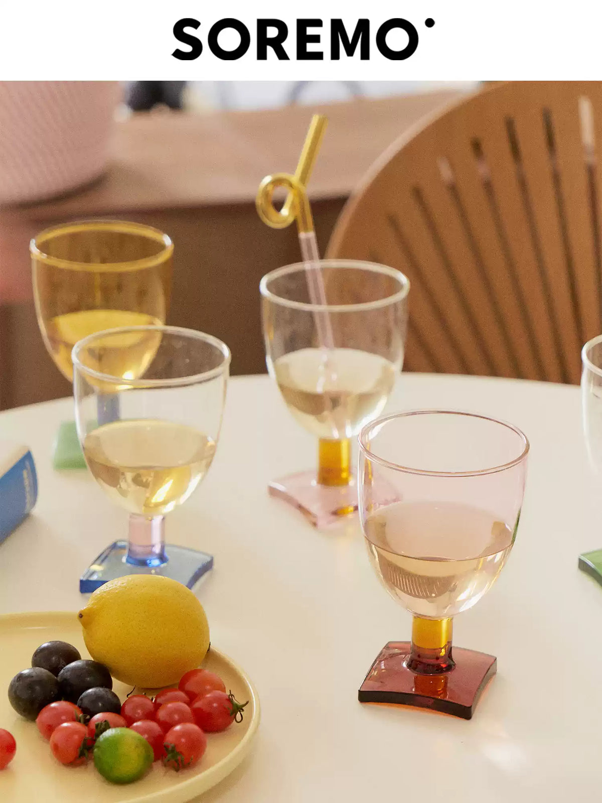 SOREMO Sugar Cube colored goblet collection on a dining table